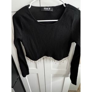 Blue B Collection Black‎ Crop Top With Rhinestone Fringe Size M